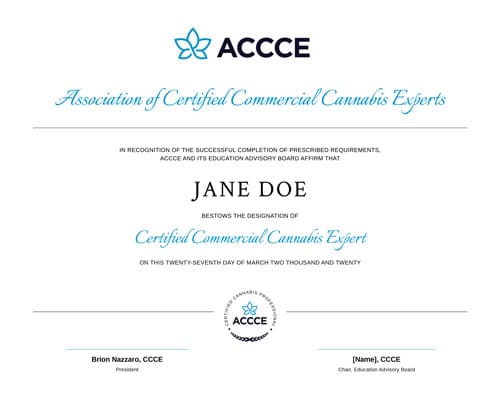 ACCCE_Certificate_JANE-DOE certified commercial cannabis expert icon of certificate