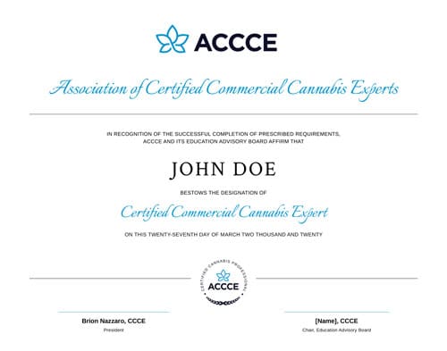 ACCCE_Certificate_JOHN-DOE certified commercial cannabis professional icon of certificate