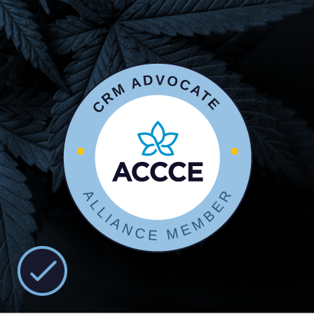 ACCCE CRM Advocate badge on Dark blue with Cannabis Leaf background